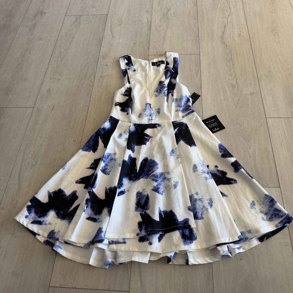 LULU'S SEEING CHIC BLUE & IVORY PRINT SKATER DRESS SIZE S